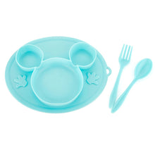 Card packing of Mickey Mouse plate with fork and spoon, silicone material.