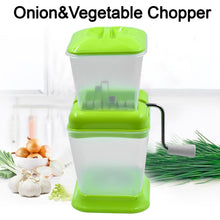 Onion and veggie chopper with rotating blade for fast slicing.