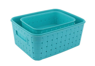 Set of 3 sky blue smart storage baskets.